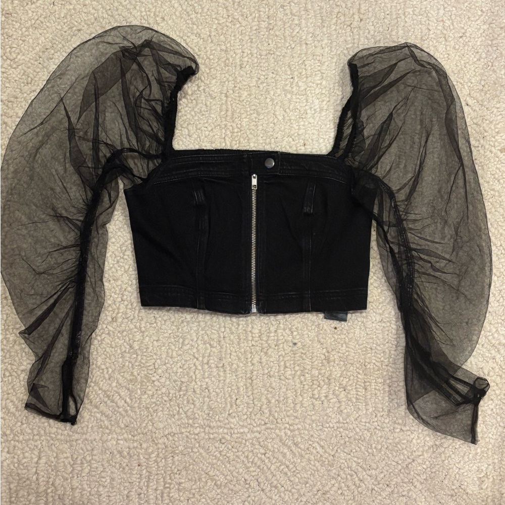 Black Pilcro Puff-Sleeve Mesh Top